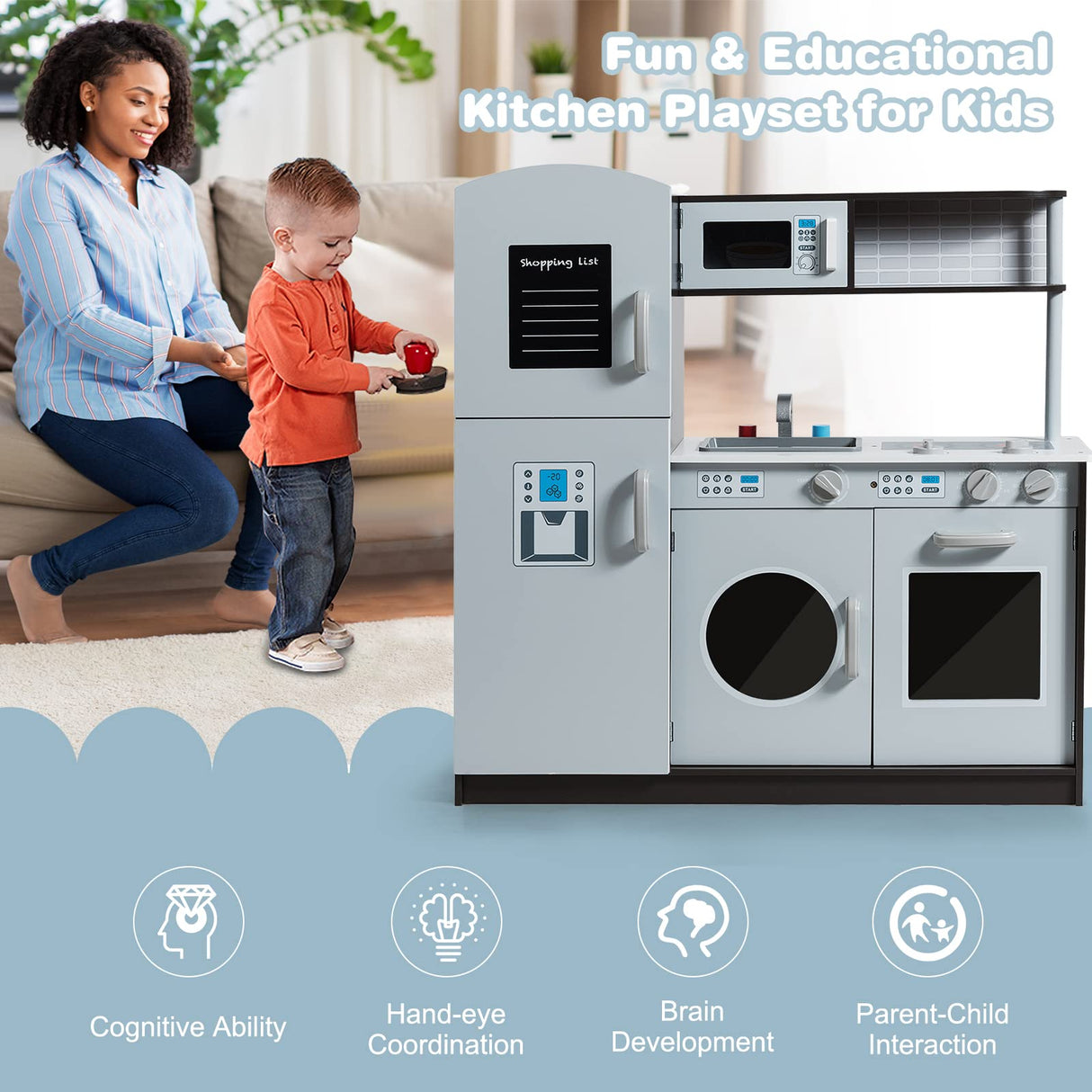HONEY JOY Kids Kitchen Playset, Pretend Cooking Play Toy Set with Blackboard, Washing Machine