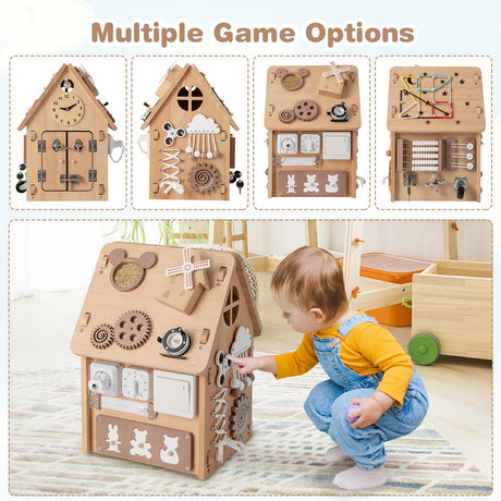 HONEY JOY Kids Montessori Busy House Toy, Wooden Multi-Purpose Play House w/Interior Storage Space