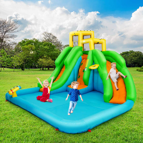 HONEY JOY Inflatable Water Slide, 6 in 1 Inflatable Castle Water Park w/Climbing Wall, Basketball Rim