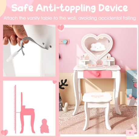 HONEY JOY Kids Vanity Set, Dressing Table w/Mirror and Stool, Accessories, Drawer, Wooden Princess Makeup Dressing Table(Heart-Shaped Mirror)