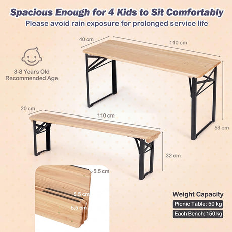 HONEY JOY 110 CM Folding Kids Picnic Table & Bench Set, No Assembly Wooden Toddler Table