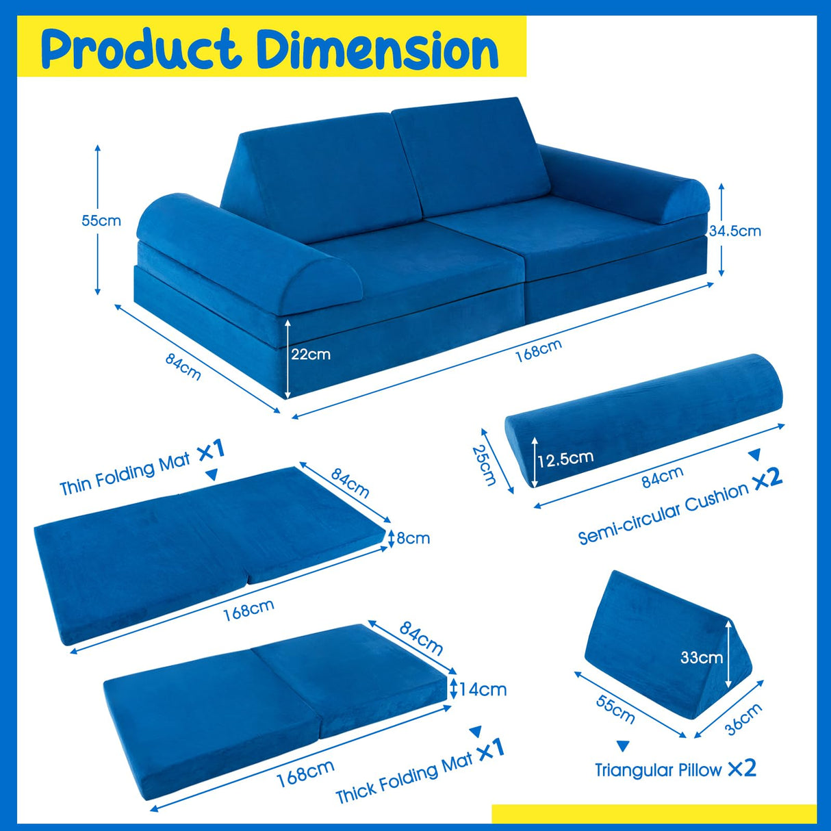 8-Piece Kids Play Couch Sofa, Modular Convertible Foam Folding Floor Sofa