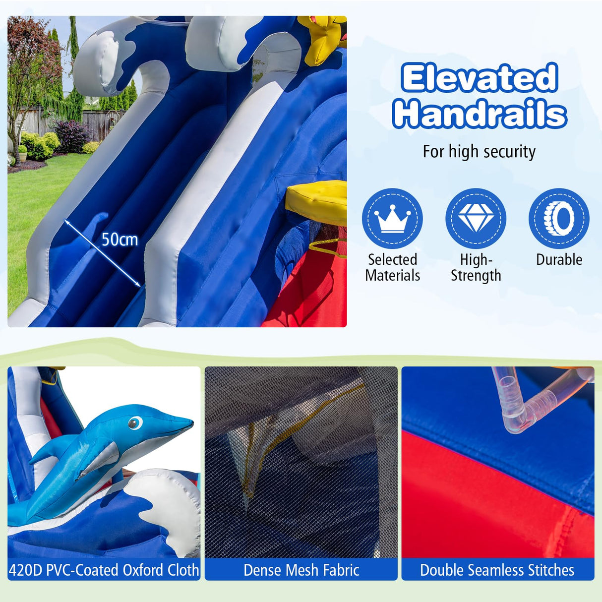 HONEY JOY Inflatable Water Slide, Dolphin Theme Kids Bounce House Water Park w/Long Slide, 2 Splash Pools with 680W Blower