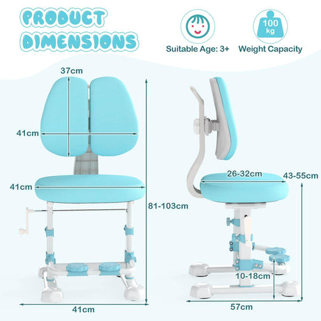 Children's chair with dimensions and suitability details on a white background