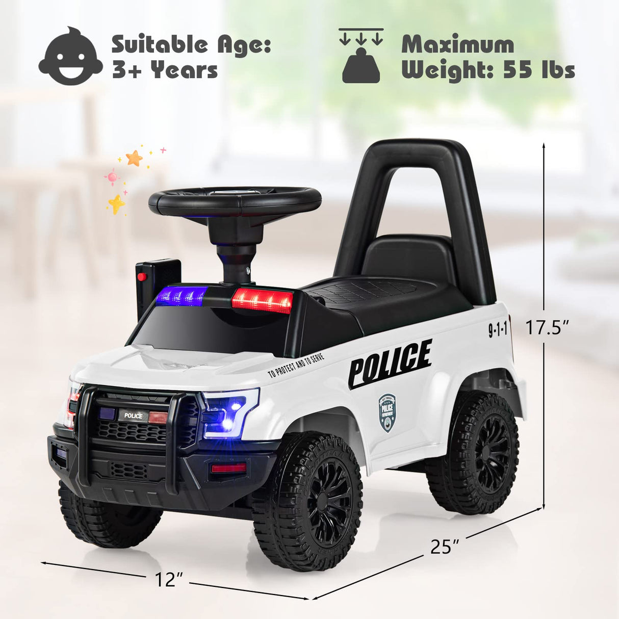 Ride On Push Police Car, Toddler Foot-to-Floor Sliding Toy with Siren