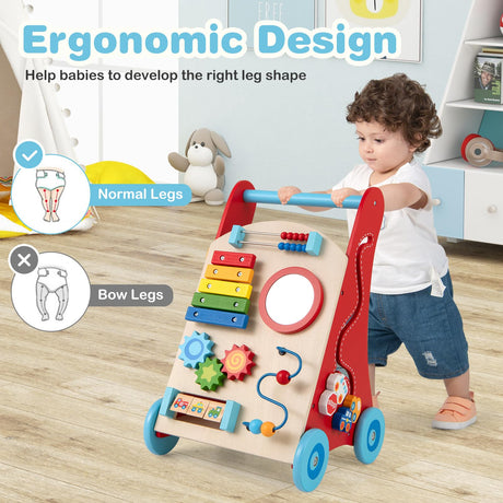 Wooden Baby Walker, Baby Push Walker with Handle, Storage & Wheels, Push and Pull Learning Activity Walker