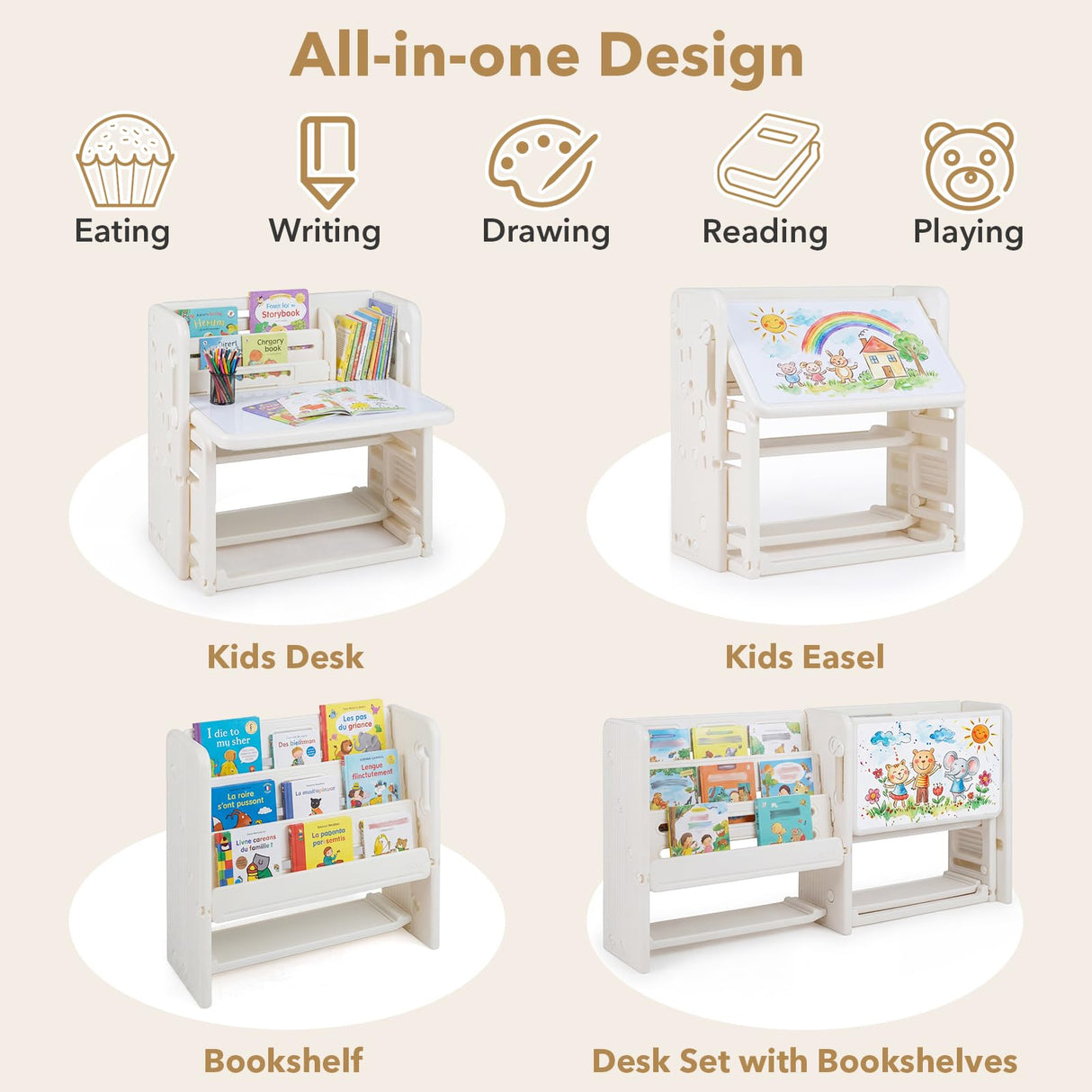HONEY JOY Kids Desk and Chair Set, Children Writing Desk with Side Bookshelves & Storage Baskets
