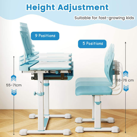 Children's height-adjustable desk and chair set with measurement details on a plain background.