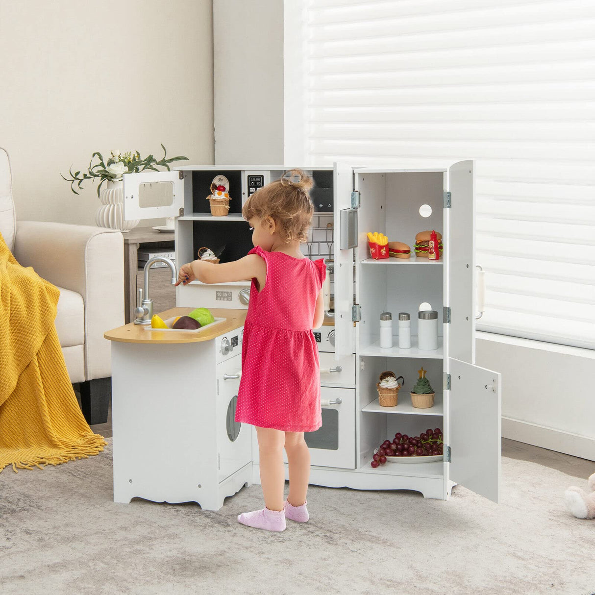 HONEY JOY Kids Corner Kitchen Playset, Wooden Pretend Playset w/Realistic Washing Machine, Microwave Oven