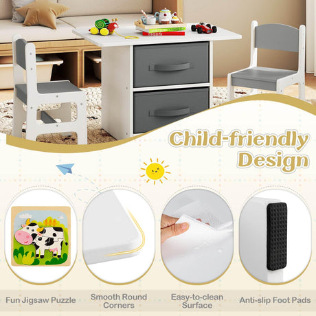 Children's table and chairs set with safety features highlighted on a beige background