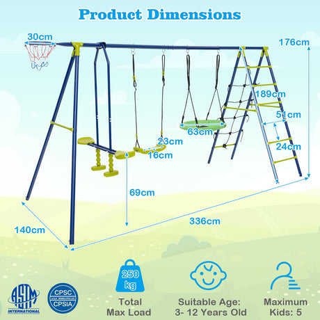 Playground swing set with dimensions and safety certifications on a blue and green background