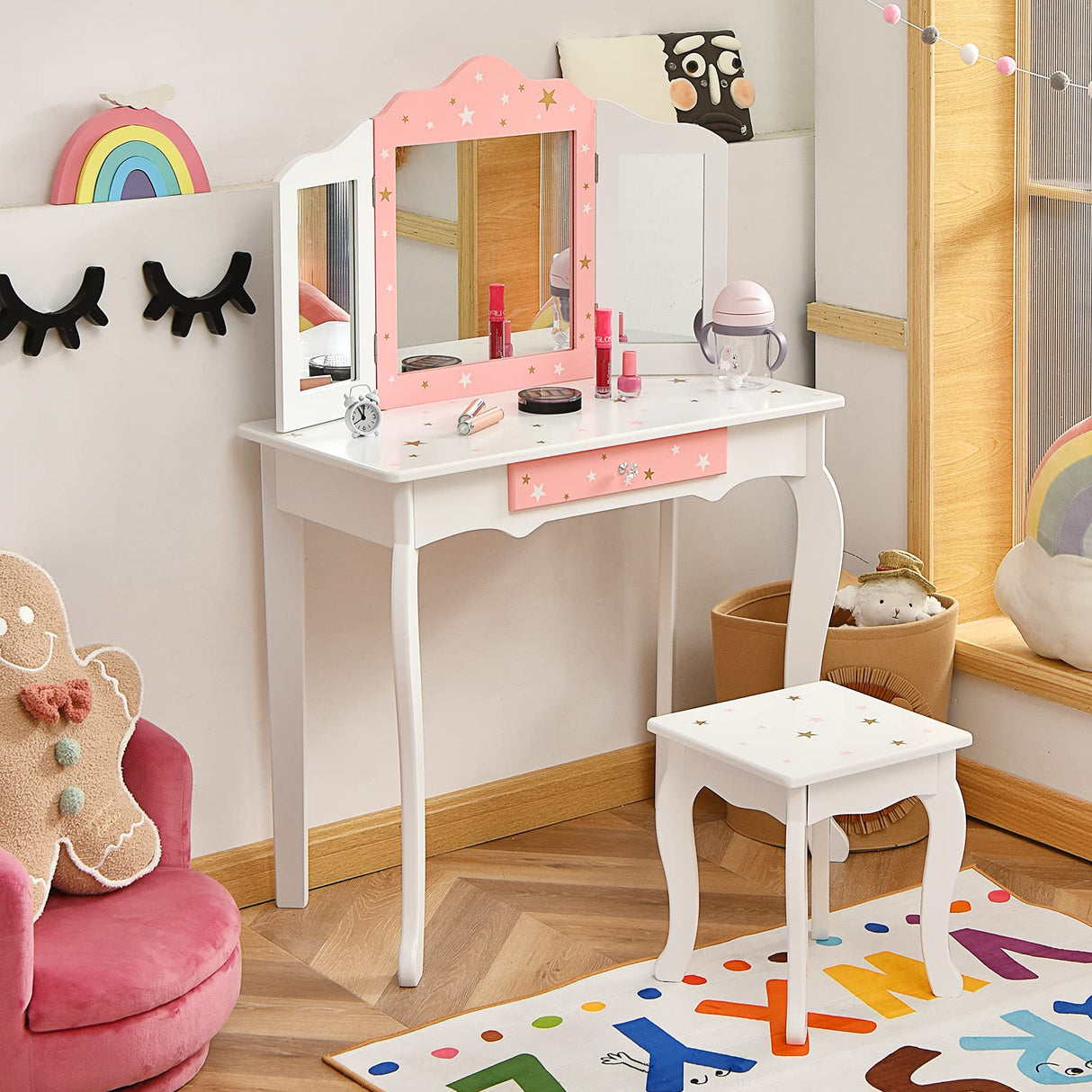 HONEY JOY Kids Pretend Play Vanity Set, 2-in-1 Wooden Princess Makeup Dressing Table w/Stool & Drawer