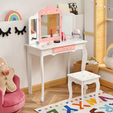 HONEY JOY Kids Pretend Play Vanity Set, 2-in-1 Wooden Princess Makeup Dressing Table w/Stool & Drawer