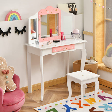 HONEY JOY Kids Pretend Play Vanity Set, 2-in-1 Wooden Princess Makeup Dressing Table w/Stool & Drawer