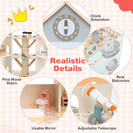 Wooden Corner Dollhouse Playset with 34 Pieces of Furniture and Accessories