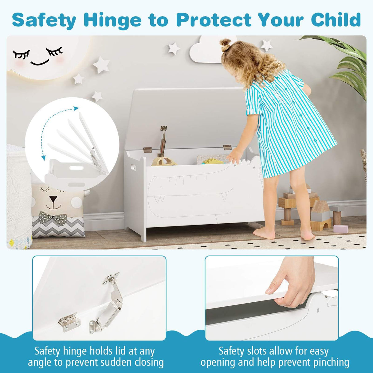 Kids Toy Box Storage Chest, Wooden Trunk Bench w/ Safety Hinge, Children Storage Box w/ Handles