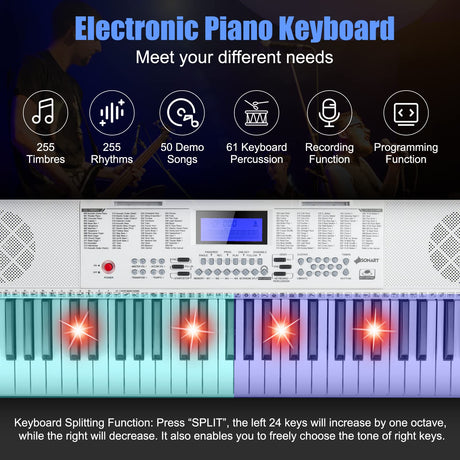 HONEY JOY 61 Key Piano Keyboard, Portable Electronic Keyboard Piano with Lighted Keys, LCD Screen, Headphones (White)