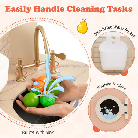 Cleaning toys being used in a sink with faucet, detachable water bucket, and washing machine illustrations.