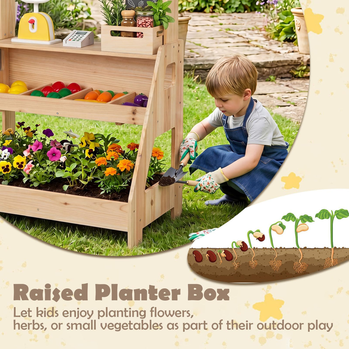 HONEY JOY Wooden Mud Kitchen & Market Stand for Kids Outdoor