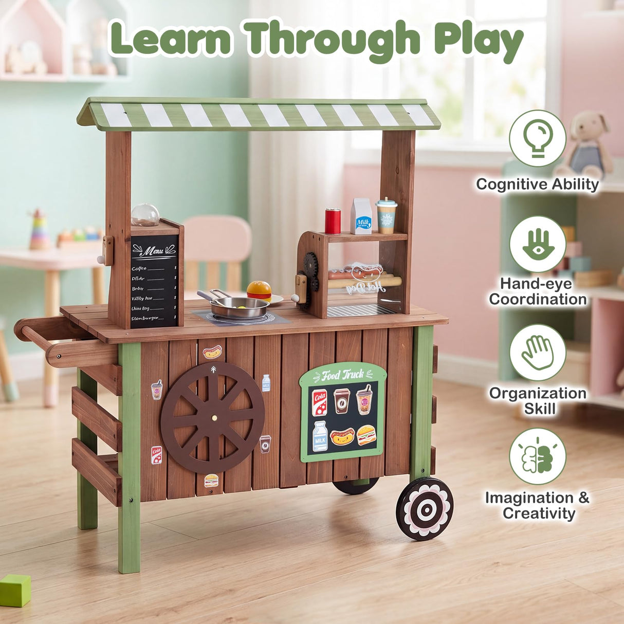 HONEY JOY Kids Food Cart, Pretend Play Market Stand Food Cart