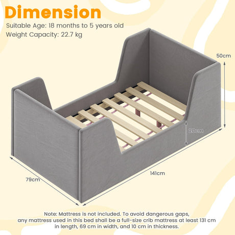 Velvet Fabric Children Floor Bed with Safety Rails and Headboard