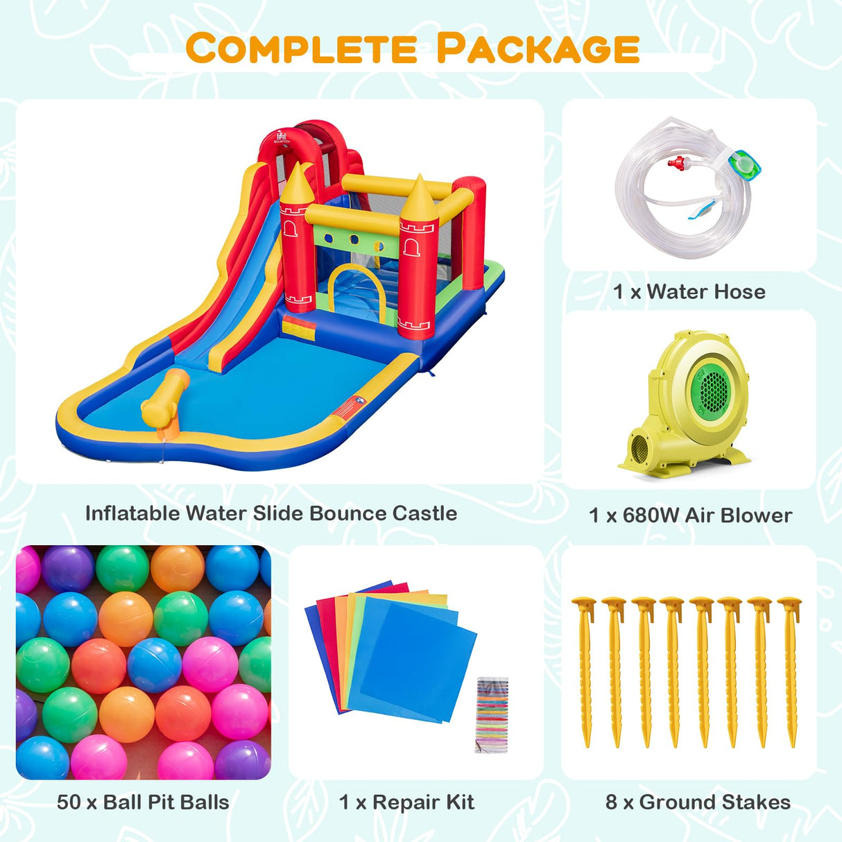 HONEY JOY Inflatable Water Slide, Outdoor Water Park Bouncy House with Ring-tossing with 680W Blower