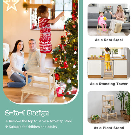 BABY JOY Kids Kitchen Step Stool with Safety Rail, 2 in 1 Solid Wood Montessori Learning Stool