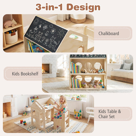 HONEY JOY House-Shaped Kids' Desk w/Chair, 3-in-1 Toddler Art Table Set