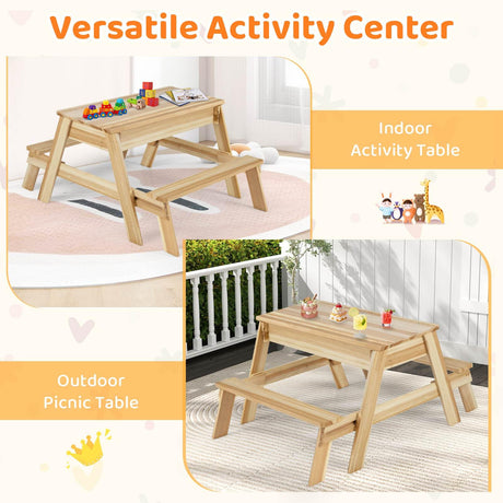 Wooden activity table with benches, suitable for indoor and outdoor use, on a white background.