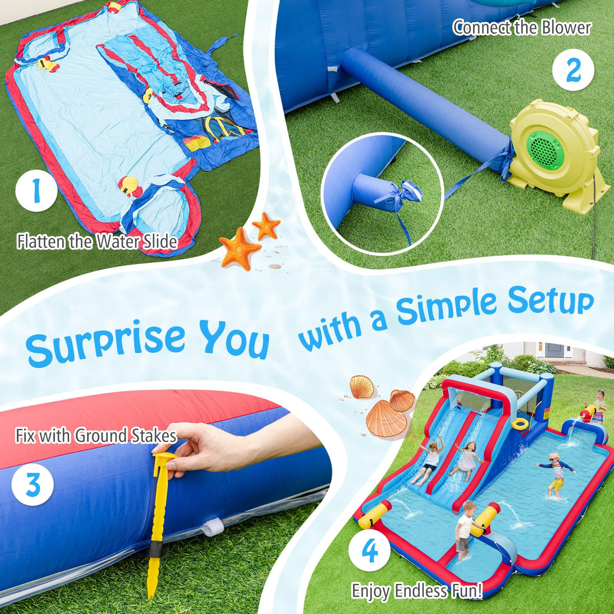 HONEY JOY Water Slide Park, 5-in-1 Inflatable Jumping House w/Dual Slides, Climbing Wall, Splash Pool, Basketball Rim, Water Cannons