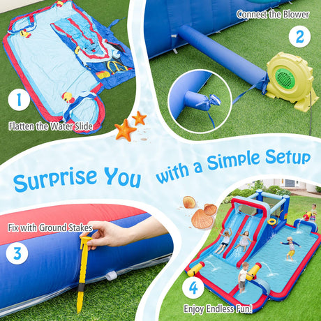 HONEY JOY Water Slide Park, 5-in-1 Inflatable Jumping House w/Dual Slides, Climbing Wall, Splash Pool, Basketball Rim, Water Cannons