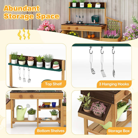 Wooden storage unit with shelves, hanging hooks, and a storage box, featuring plants and kitchen items.