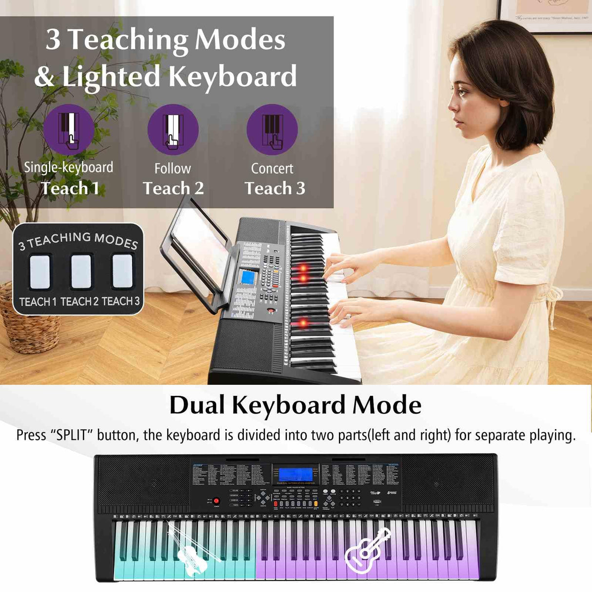 61-Key Portable Electronic Keyboard Piano with Stand and Stool