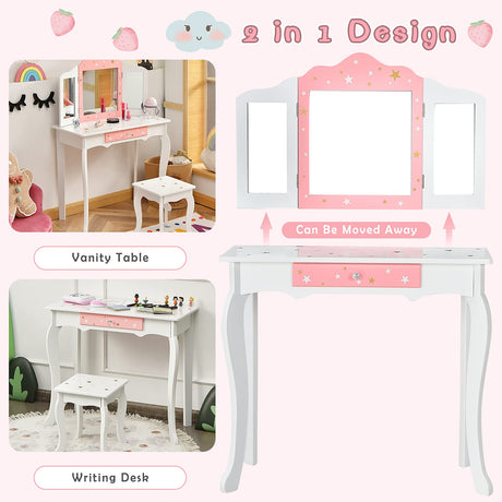 HONEY JOY Kids Pretend Play Vanity Set, 2-in-1 Wooden Princess Makeup Dressing Table w/Stool & Drawer