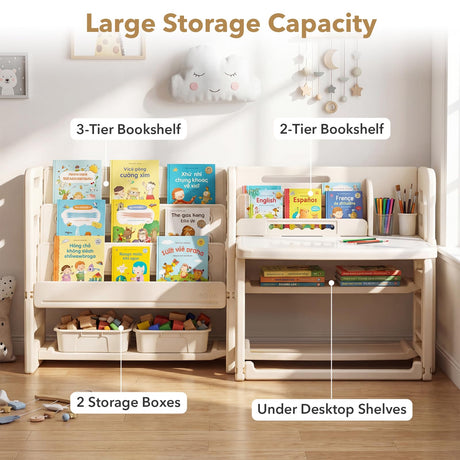 HONEY JOY Kids Desk and Chair Set, Children Writing Desk with Side Bookshelves & Storage Baskets