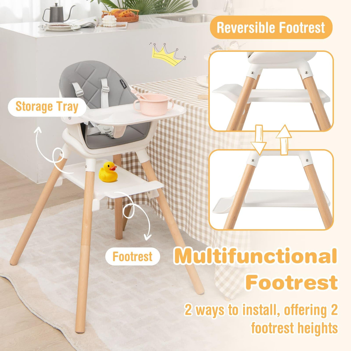 BABY JOY Baby High Chair 6-in-1 Convertible Wooden High Chair with Double Dishwasher Safe Trays