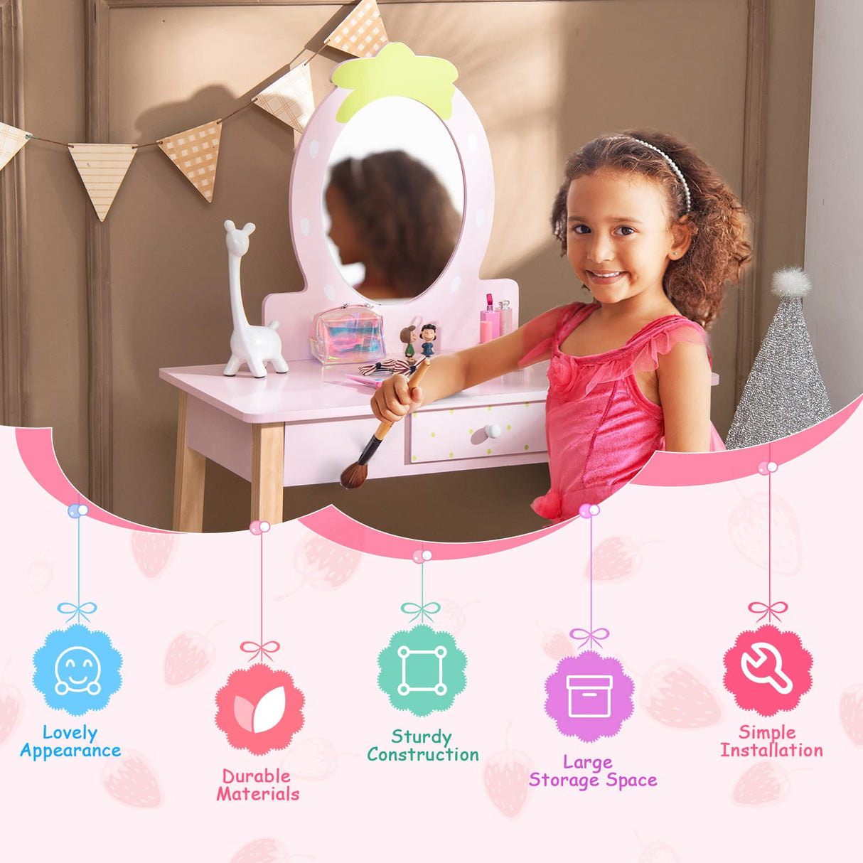 HONEY JOY 2-in-1 Kids Vanity Set, Wooden Kids Dressing Table with Stool, Strawberry-Shaped Mirror & Practical Drawer