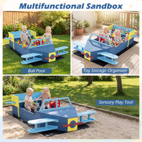 HONEY JOY Glider-Shape Kids Sandpit, Large Wooden Outdoor Sand Box w/Bench Seat