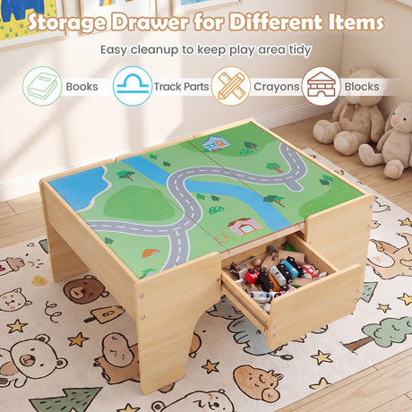 HONEY JOY 63-Piece Kids Wooden Train Table w/Storage Drawer