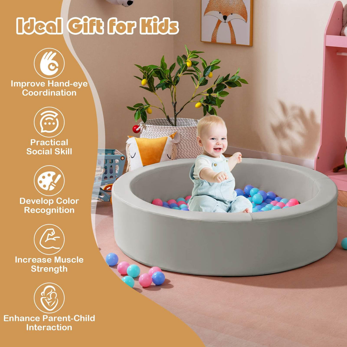 BABY JOY Round Foam Ball Pits, Ball Pits for Toddlers 105cm x 24cm w/Sponge Filling