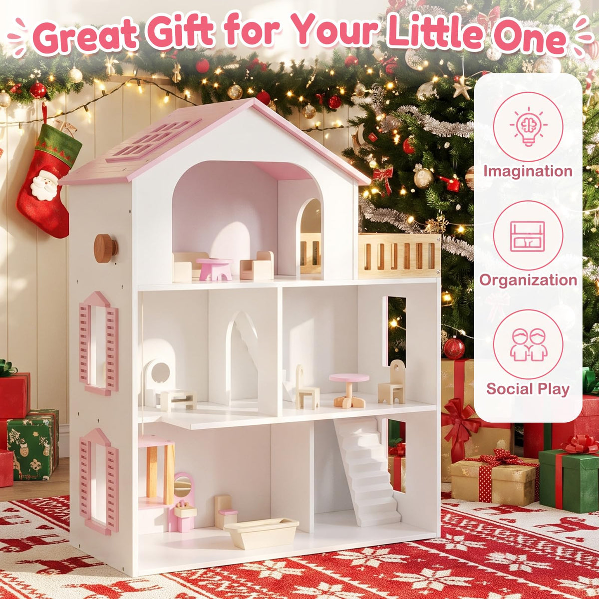 HONEY JOY 3-Story Wooden Dollhouse Playset for Kids