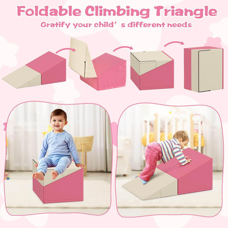 Foldable climbing triangle toy with pink and beige colors, showing children using it.