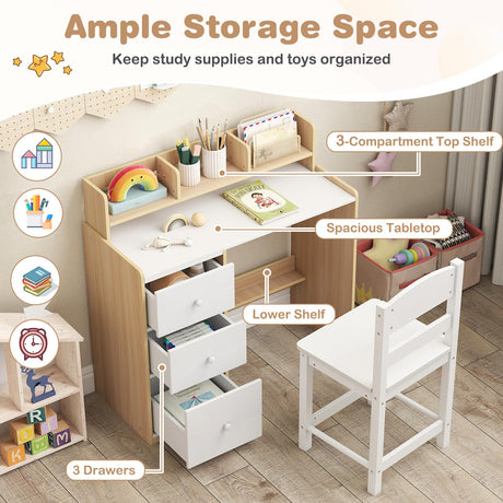 HONEY JOY Kids Study Desk and Chair Set w/Hutch & Storage Shelf for Arts, Crafts