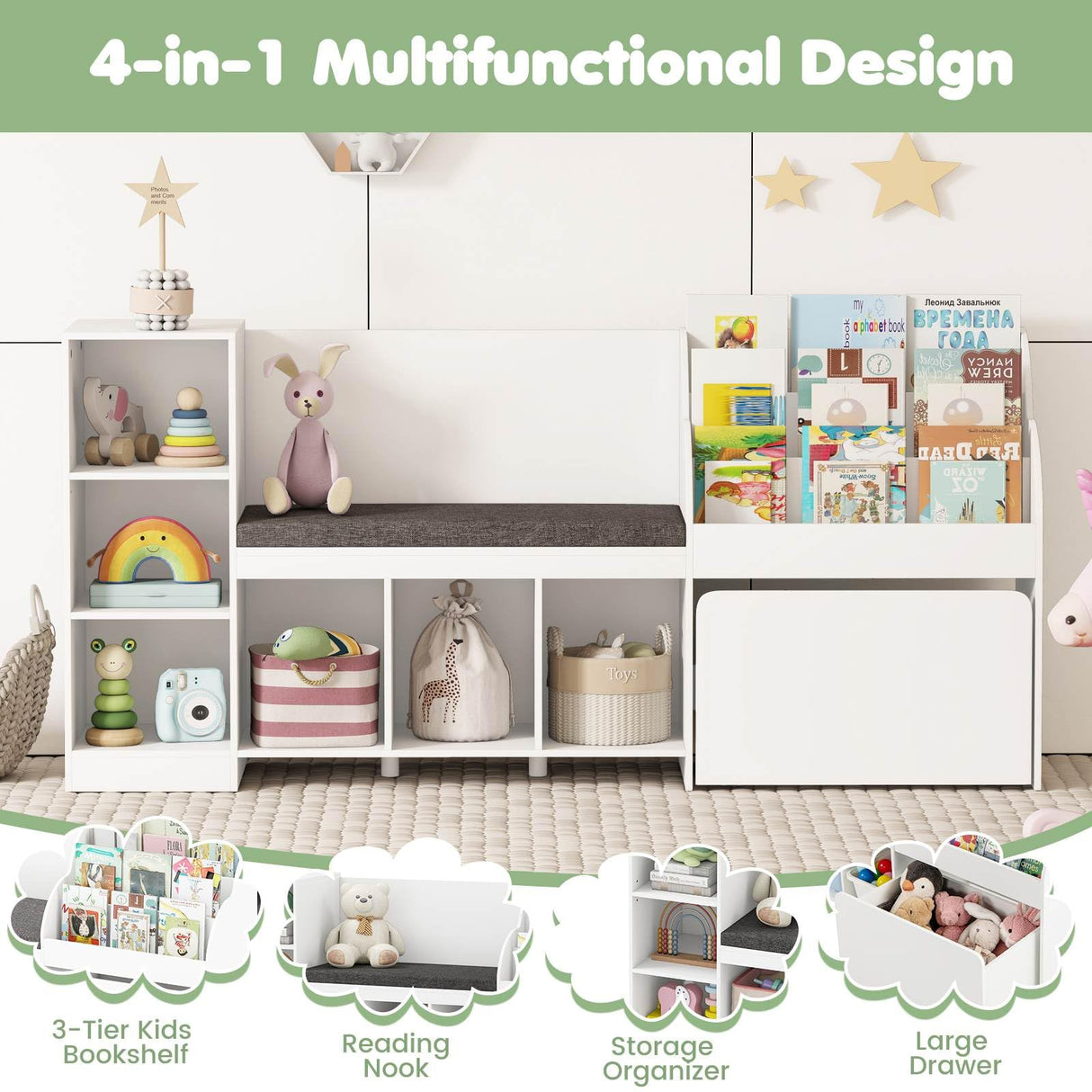 HONEY JOY Kids Bookcase Reading Nook, 4-in-1 Standing Toy Organiser