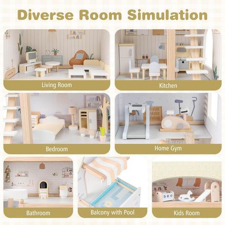 Simulated rooms including living room, kitchen, bedroom, home gym, bathroom, balcony with pool, and kids room.