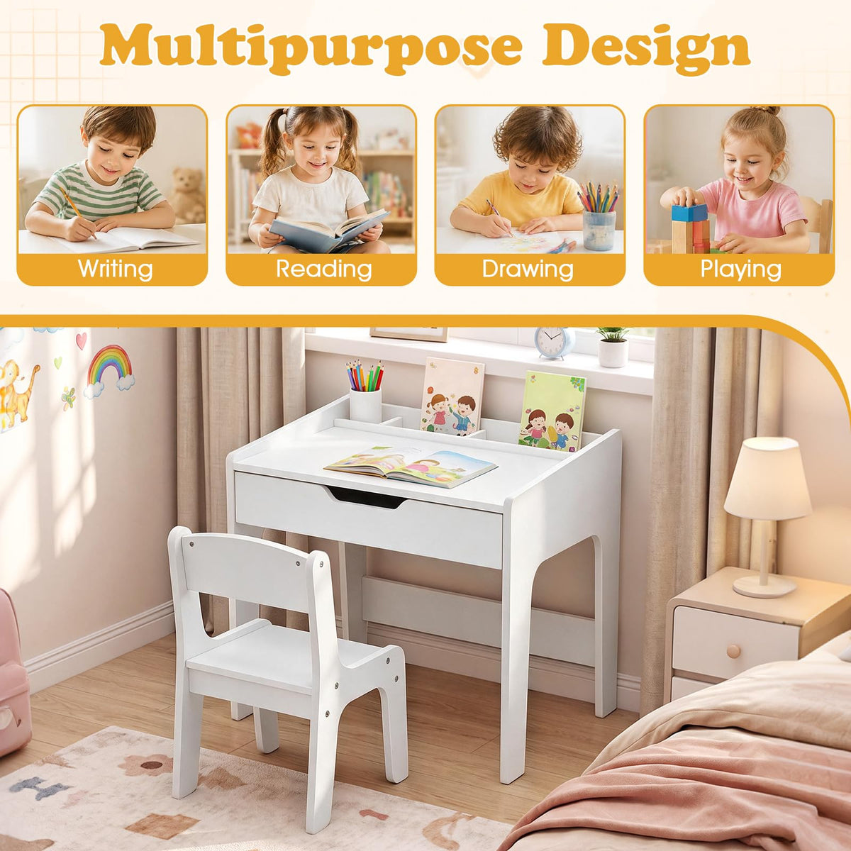 HONEY JOY Kids Desk & Chair Set, Wooden Student Study Table