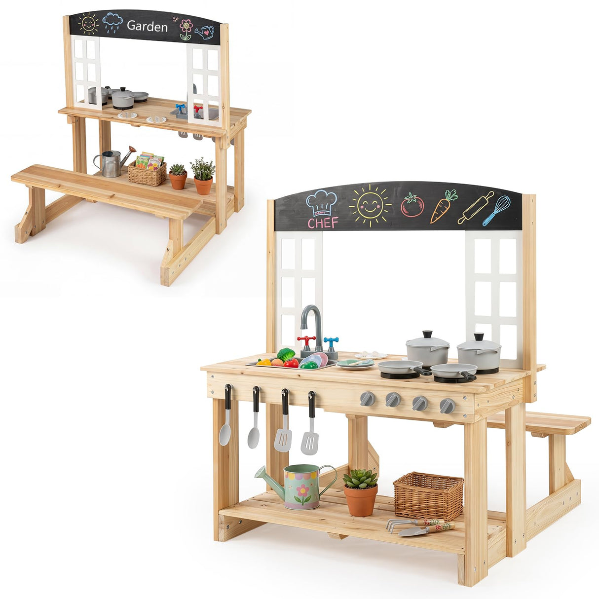 Outdoor Mud Kitchen with Stoves & Sink and Chalkboard for Kids