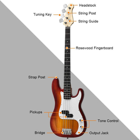 Full Size Electric 4 String Bass Guitar for Beginner Starter Complete Kit, Rose Fingerboard and Bridge, w/2 Pickups & 2 Tone Control, Guitar Bag, Strap, Guitar Pick, Amp Cord