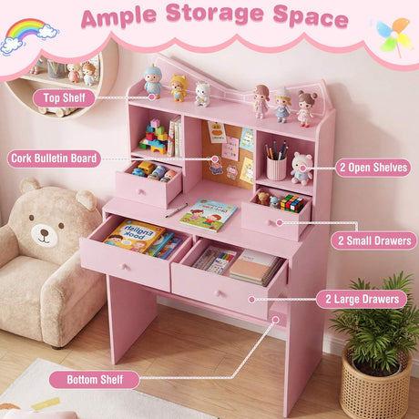 HONEY JOY Kids Study Desk with Chair, Children Writing Table and Chair Set with Open Storage Shelves