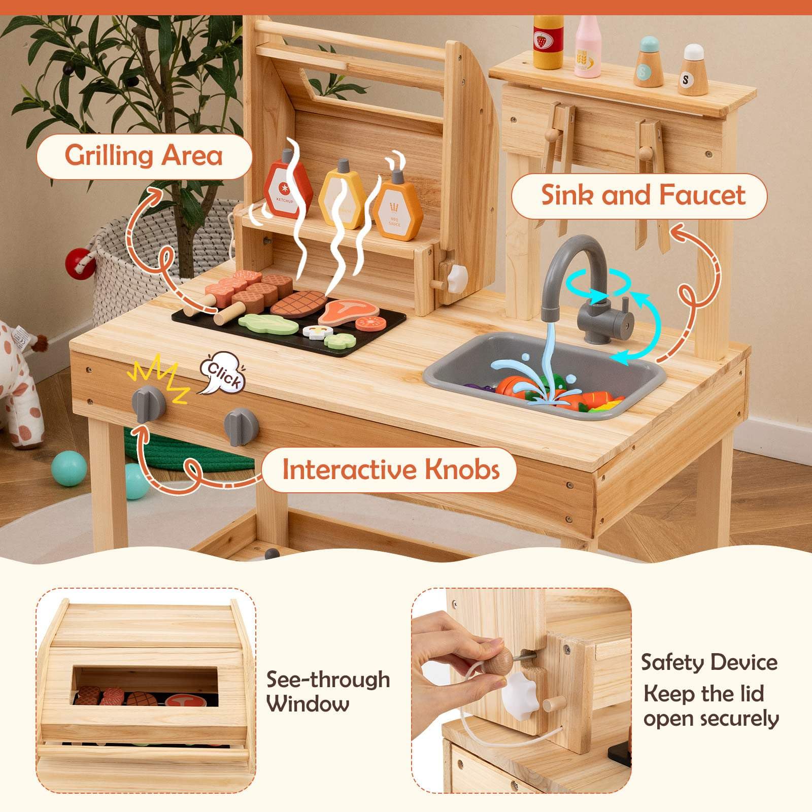 Wooden Barbecue Grill Toy Set with Sink and Faucet Kids BBQ Grill